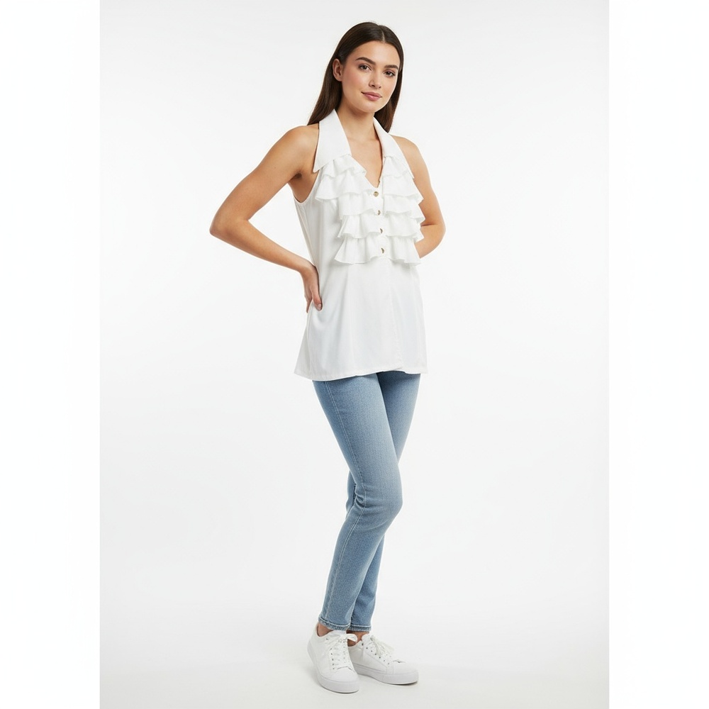 Vintage Contempo Casuals Blouse White Ruffled Sleeveless Gold Buttons Size Med